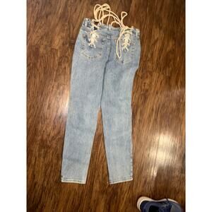 SHEIN Lace Up Back Jeans Women Light Wash Corset Back Straight Leg Denim